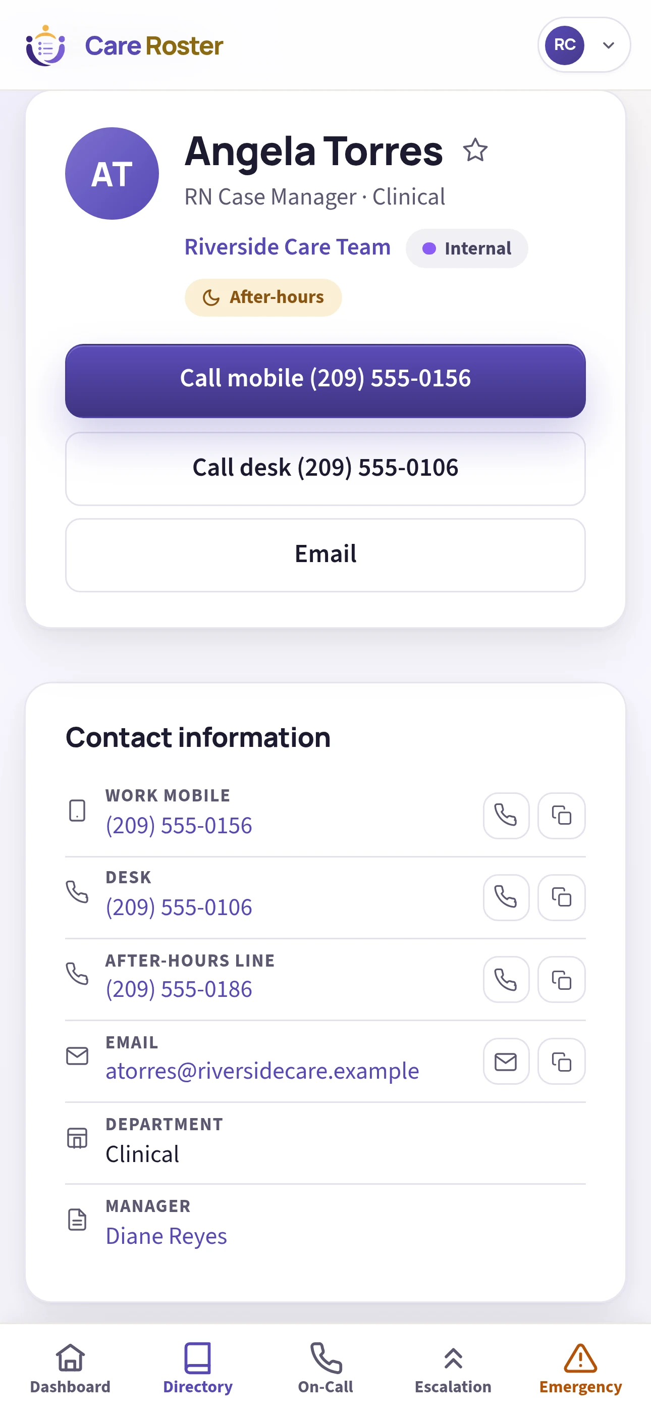 A Care Roster contact profile on a phone: name, title, department, and an After-hours badge, with Call mobile, Call desk, and Email buttons, then every number (work mobile, desk, and an after-hours line), email, department, and manager