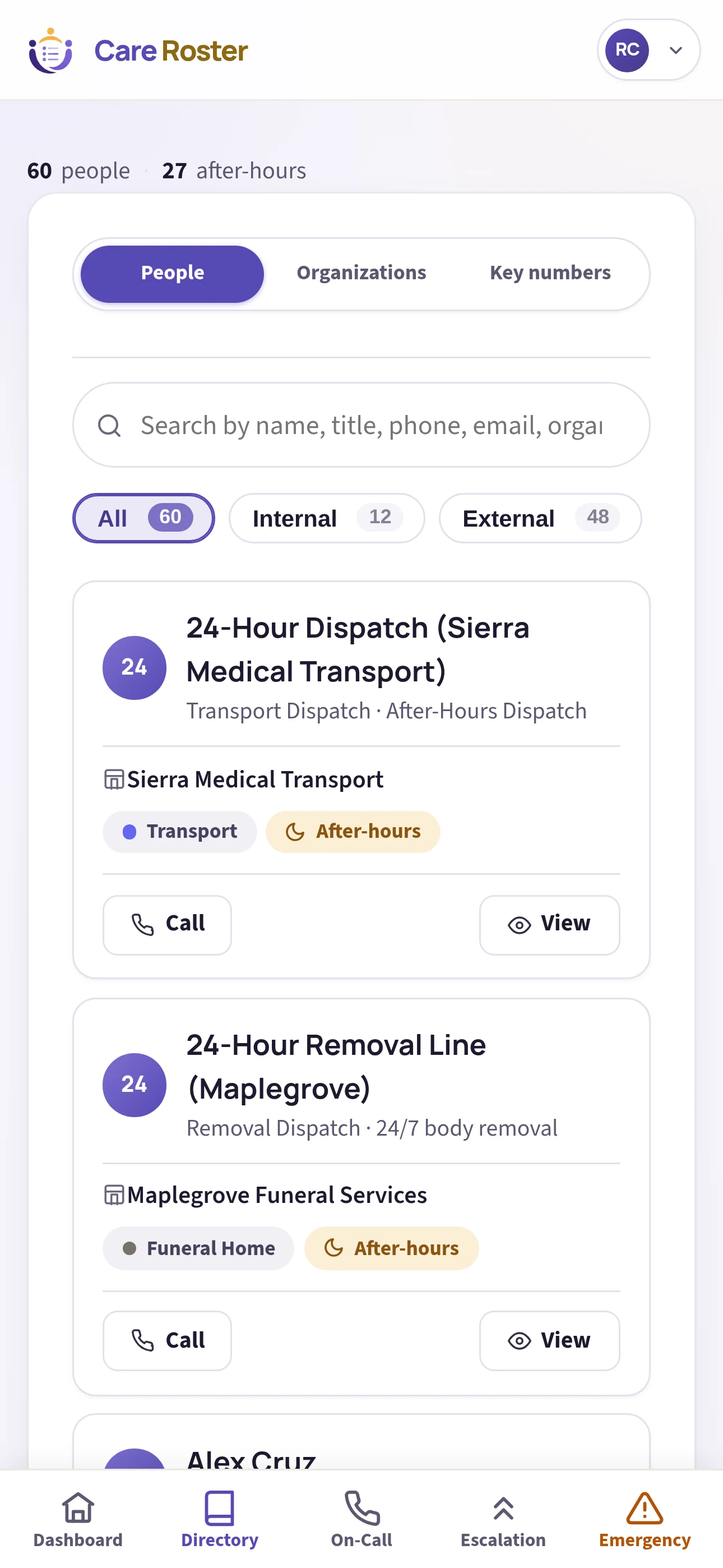 The Care Roster directory on a phone: All, Internal, and External filters above contact cards showing each contact's organization, category, After-hours badge, and a Call button