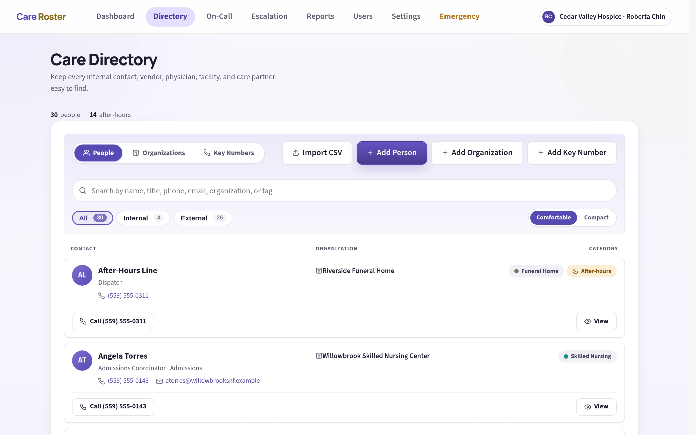 Care Roster directory showing people filtered by category and status, with after-hours and review badges and tap-to-call numbers across vendors, facilities, and staff