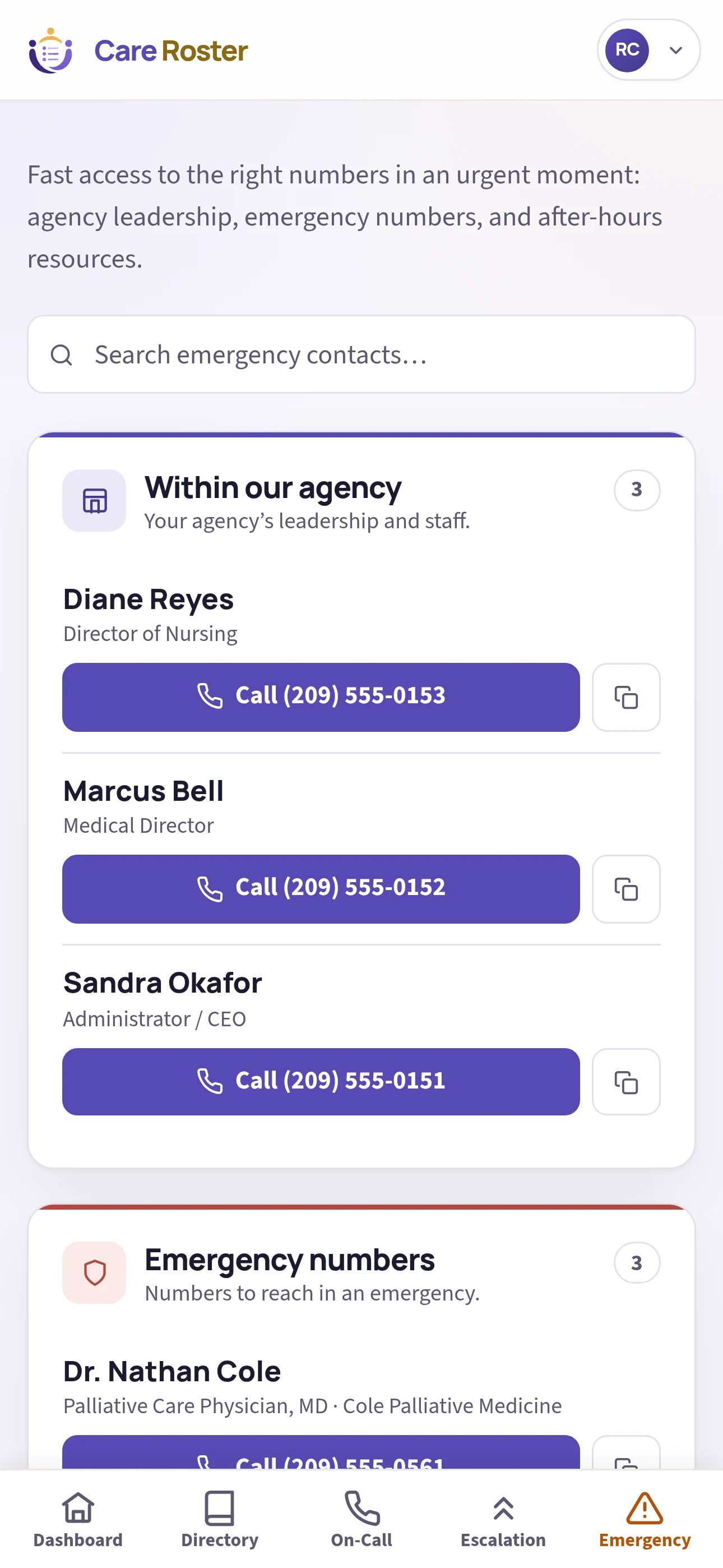The Care Roster emergency sheet on a phone: agency leadership and emergency numbers, each with a large one-tap Call button