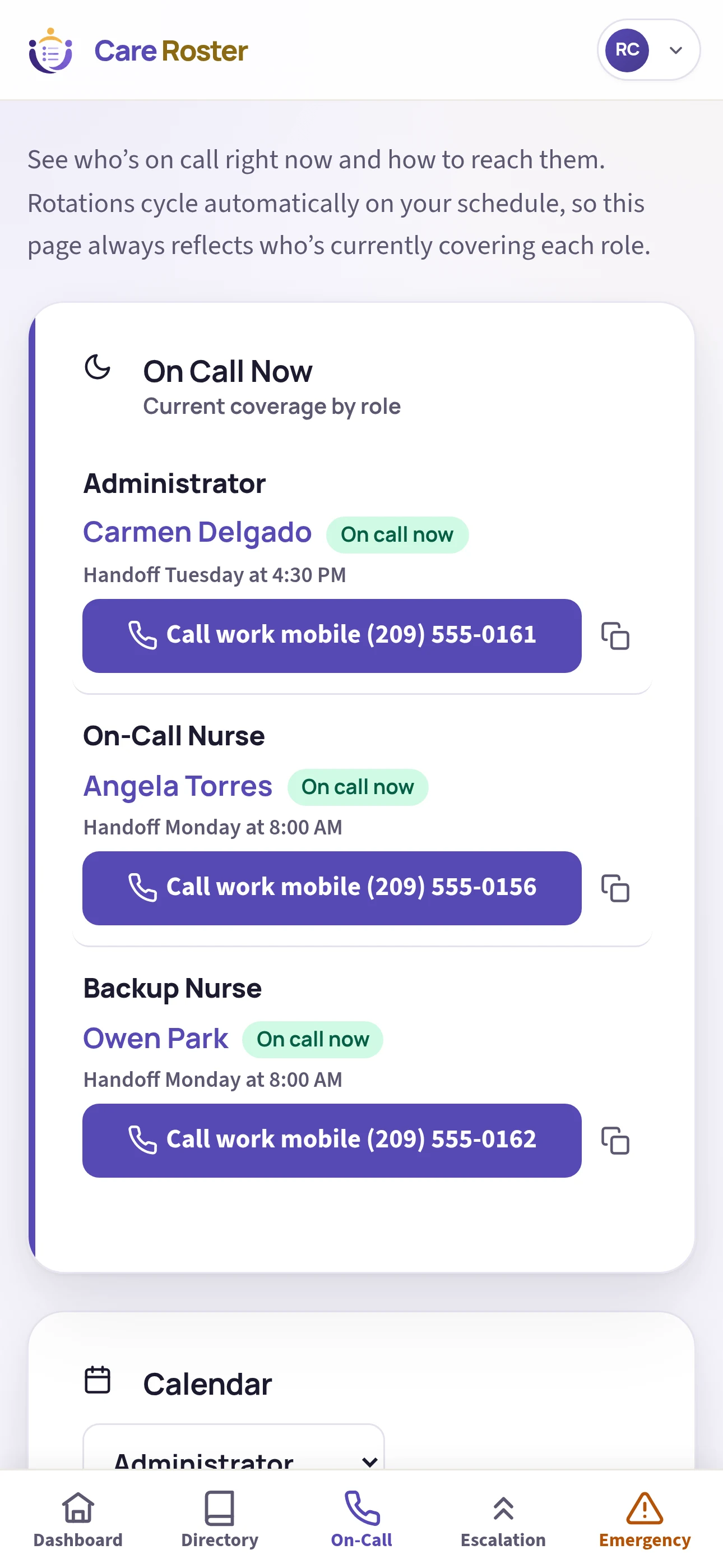 The same on-call coverage on a phone, so field staff can see who is covering without calling the office