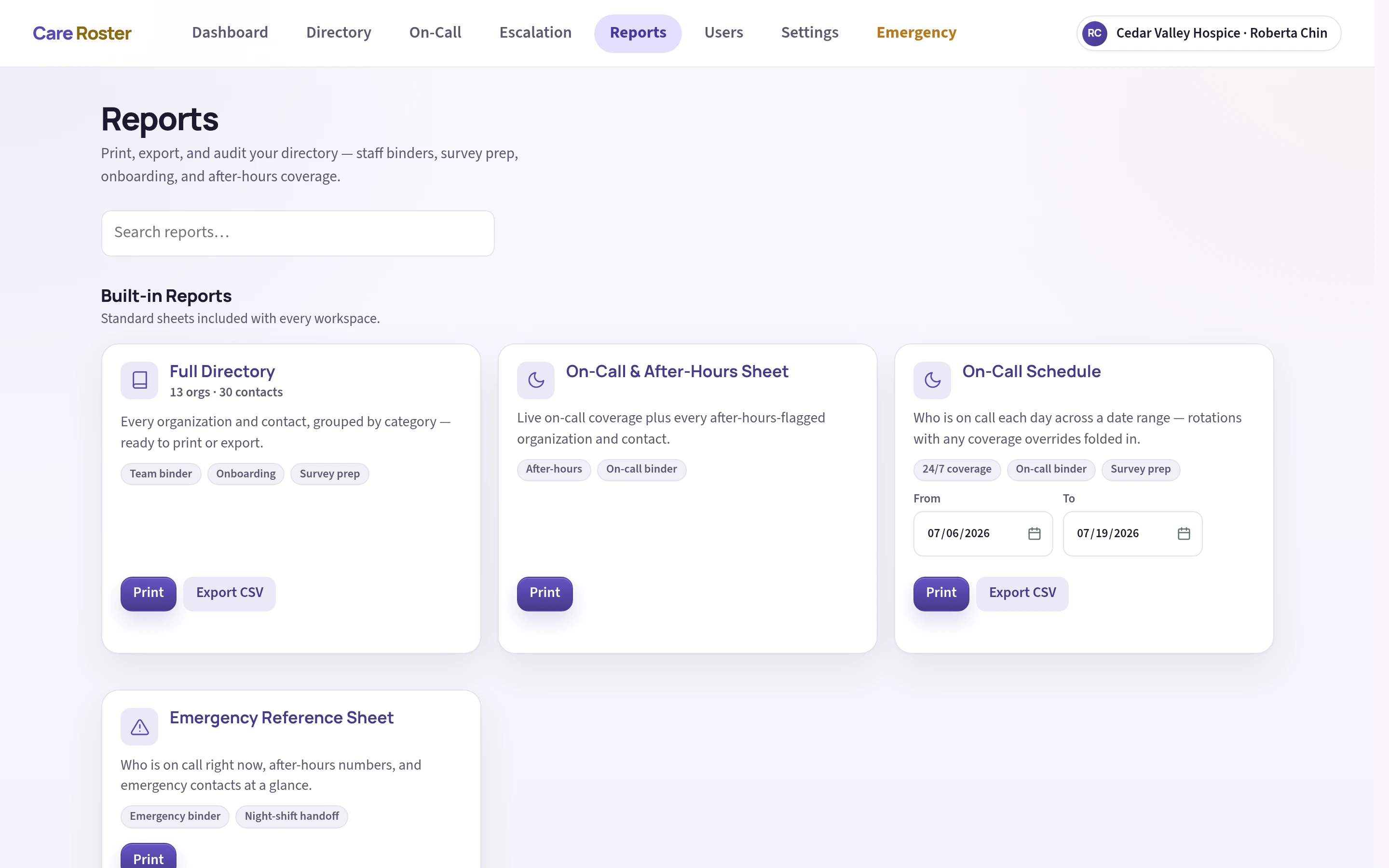 Care Roster report library showing printable and exportable operational reports — full directory, on-call sheet, emergency sheet, and category directories